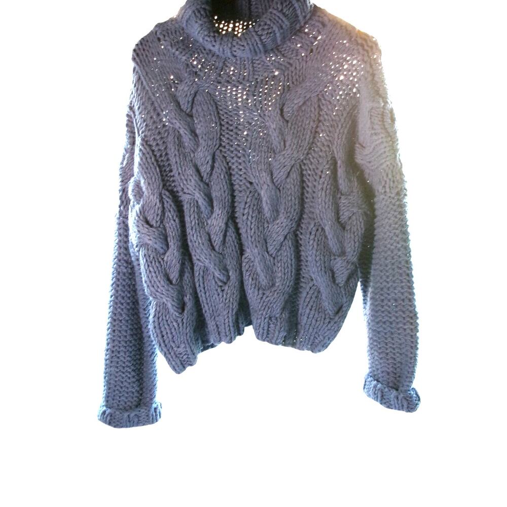 POL Women M Blue Cable Knit Chunky Turtleneck Oversized Sweater Boho